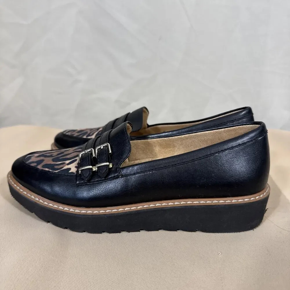 Naturalizer Morrison Loafers Womens 8.5 Black Leopard Double Buckle Lug Sole